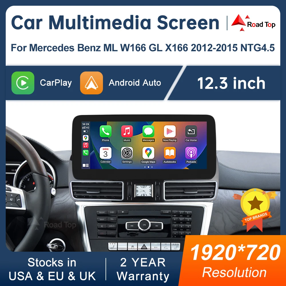 12.3'' Multimedia Display For Benz ML W166 GL X166 GLE GLS 2012-2018 Touch Screen Wireless Carplay Navigation Android Auto