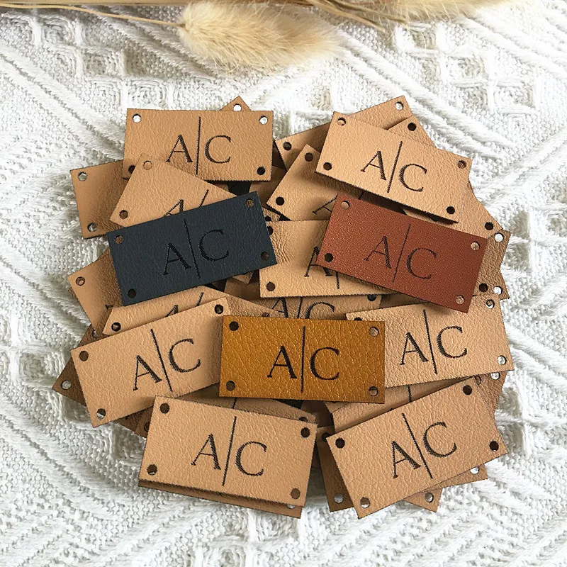 30pcs Sewing leather label customize logo brand Rectangle handmade tag for knitting clothes Laser engrave crochet garment labels