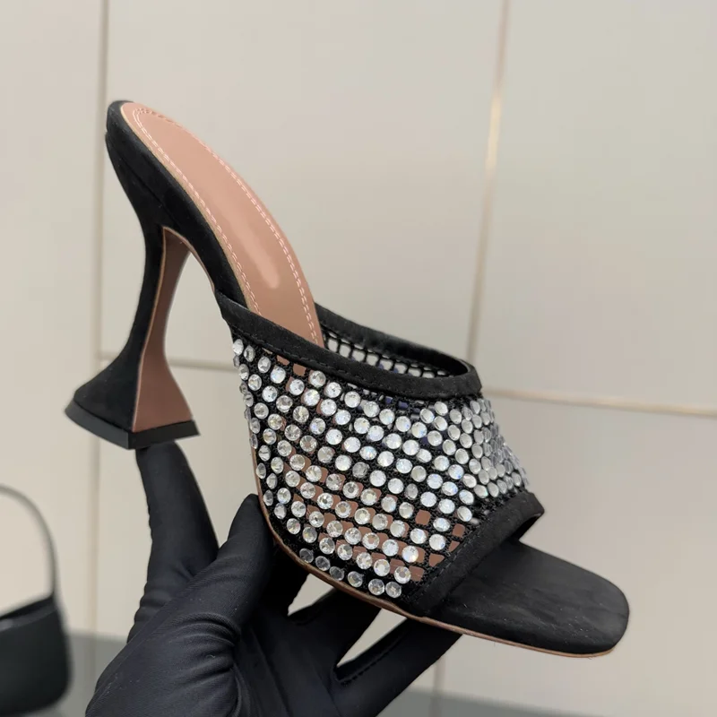 

Блестящие кристальные сетчатые тапочки на каблуке с блестящим вином, пикантные слипоны с квадратным носком, новые поступления, модная женская лаконичная обувь