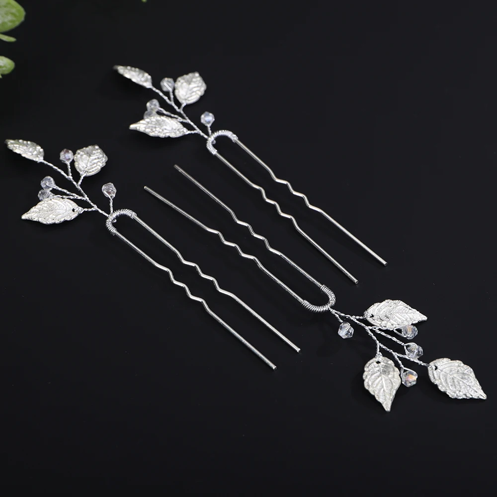 3PCS Silver Color Crystal Leaf Bridal Hair Pins for Women Handmade Wedding Hair Accessories Jewelry Gold Bride Tiaras Ornament