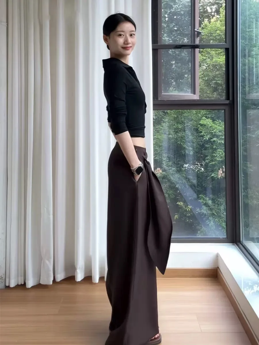 กางเกงขายาวเอวสูงทรงหลวมสไตล์ลำลองสำหรับฤดูใบไม้ร่วงและฤดูหนาว รุ่นใหม่ ทรงหลวม พร้อมเข็มขัด สีน้ำตาลกาแฟ ช่วยให้ดูผอมลง เหมาะสำหรับคนไซส์ใหญ่