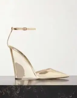 Elegant Women Gold Patent Leather Wedges Summer Sandals Pointed Toe Ankle Buckle Strap Hollow High Heel Sandals Party Shoes Lady