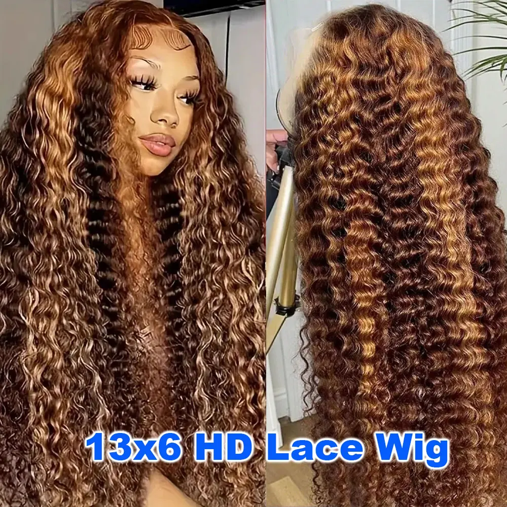 30 32 Evidenzia parrucca frontale in pizzo HD con onda profonda 13x6 Parrucca bionda miele per capelli umani brasiliana # 4/27 Parrucche ricci bagnate e ondulate per le donne