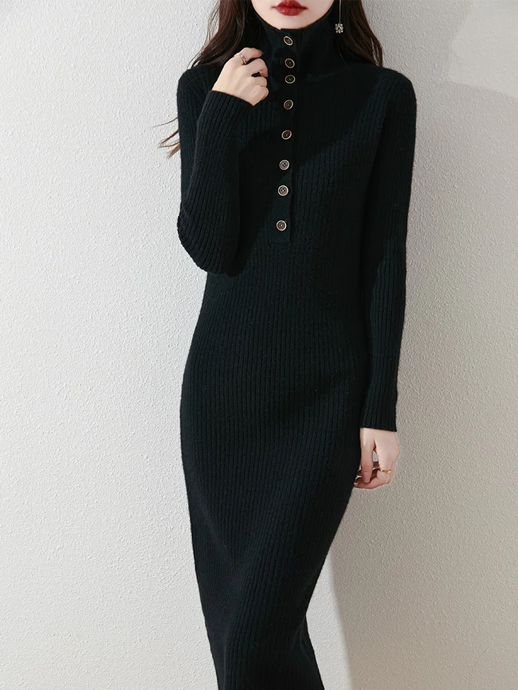 Women's Long Dresses Turn-Down Collar Button Pullover Autumn Winter Cashmere Sweater 100% Merino Wool Knitwear Soft Pop Clothes