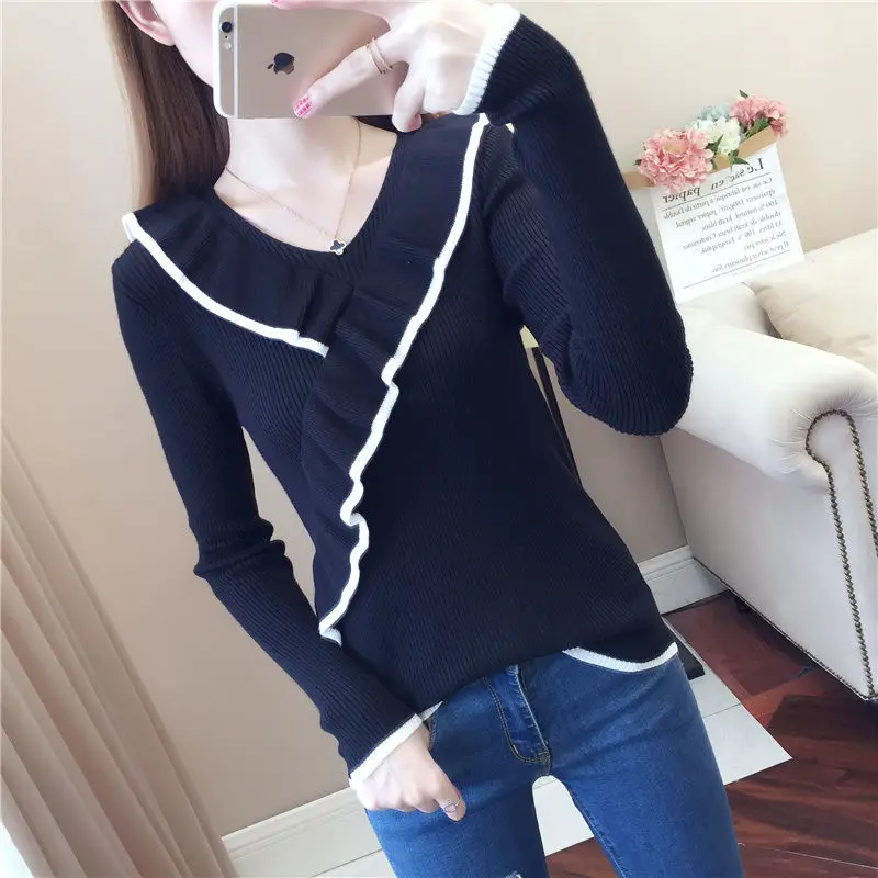 Fashion V-Neck Spliced Ruffles Sweaters Female Clothing 2023 Autumn Winter Loose All-match Pullovers Casual Knitted Tops