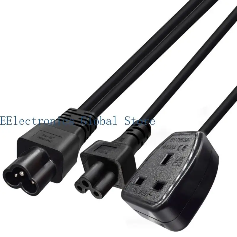 462B 2-Output Power Extension Cord IEC320 Male To C5 Female + UK 3-Pin Outlet Splitter Cable Connectors Line