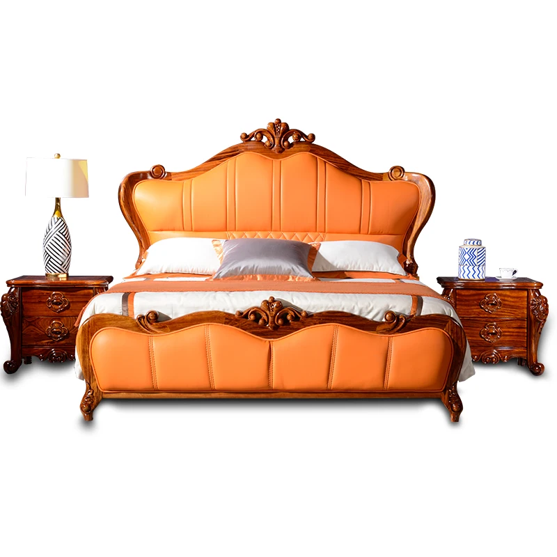 

Ebony leather bed solid wood carving flower master bedroom luxury first layer cowhide double bed