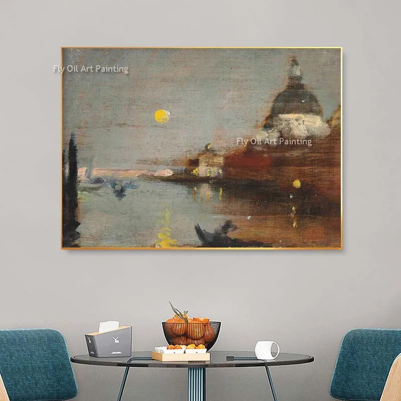 Vintage London Architecture Oil Painting Antique Buildings Lake Canvas Artwork Decor Hand Painted Classic Cityscape Artwork