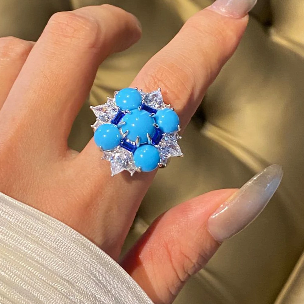 KQDANCE Hand Make 925 Sterling Silver Blue Turquoise High Carbon Diamond Gemstone Rings For Women Fine Jewelry Anniversary Gifts