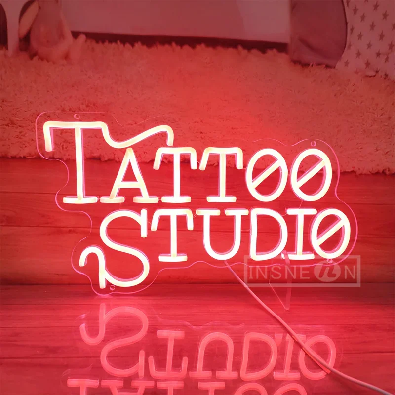 Lampu LED tanda Neon Studio tato, untuk Salon Bar pria bertenaga USB dapat diredupkan dekorasi dinding papan nama akrilik dengan saklar