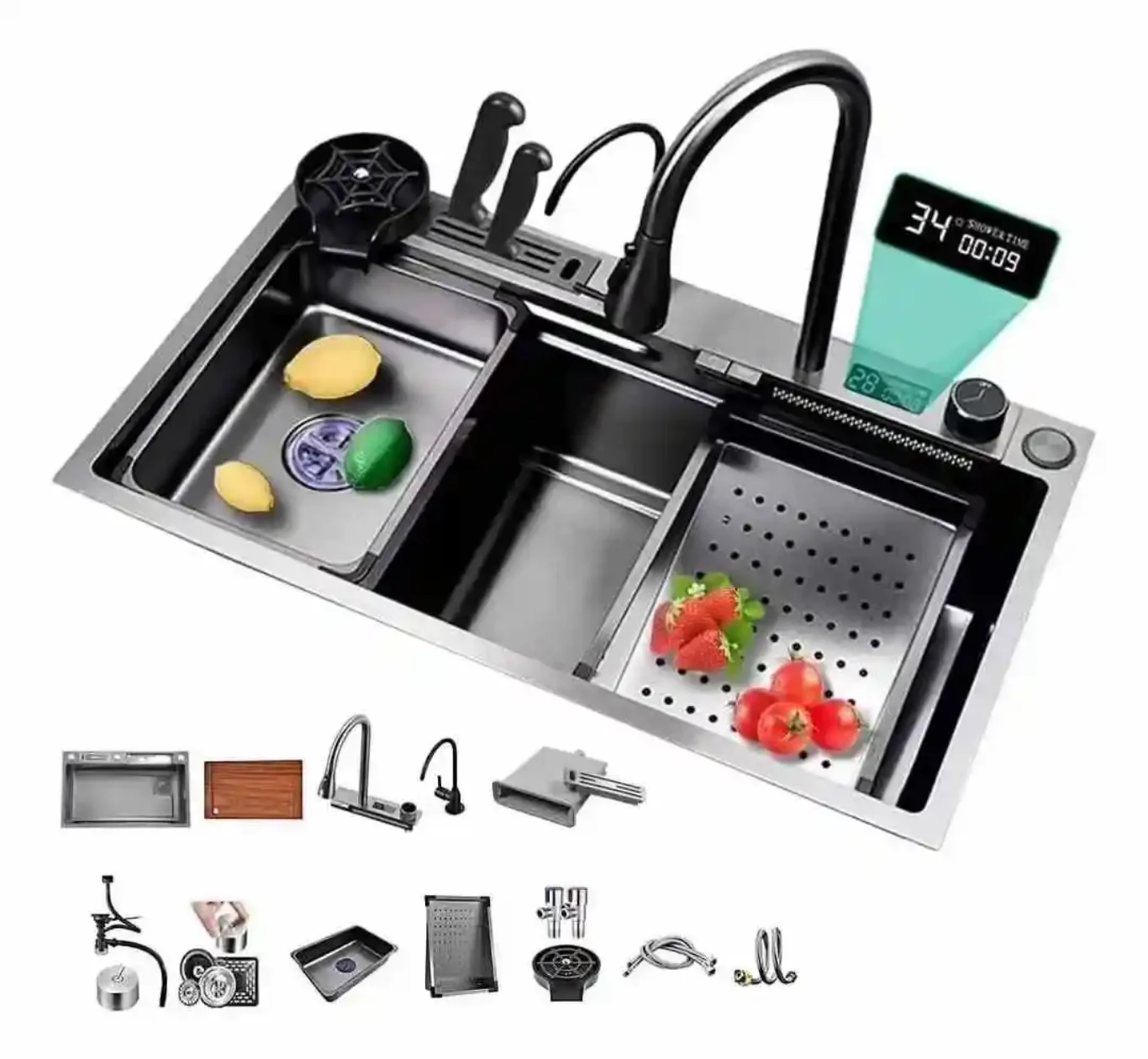 

Single-Bowl Pull-Out Stainless Steel Four-Hole Faucet Cutting Board Cup Washer for Kitchen Sink Easy Installation Faucet Double