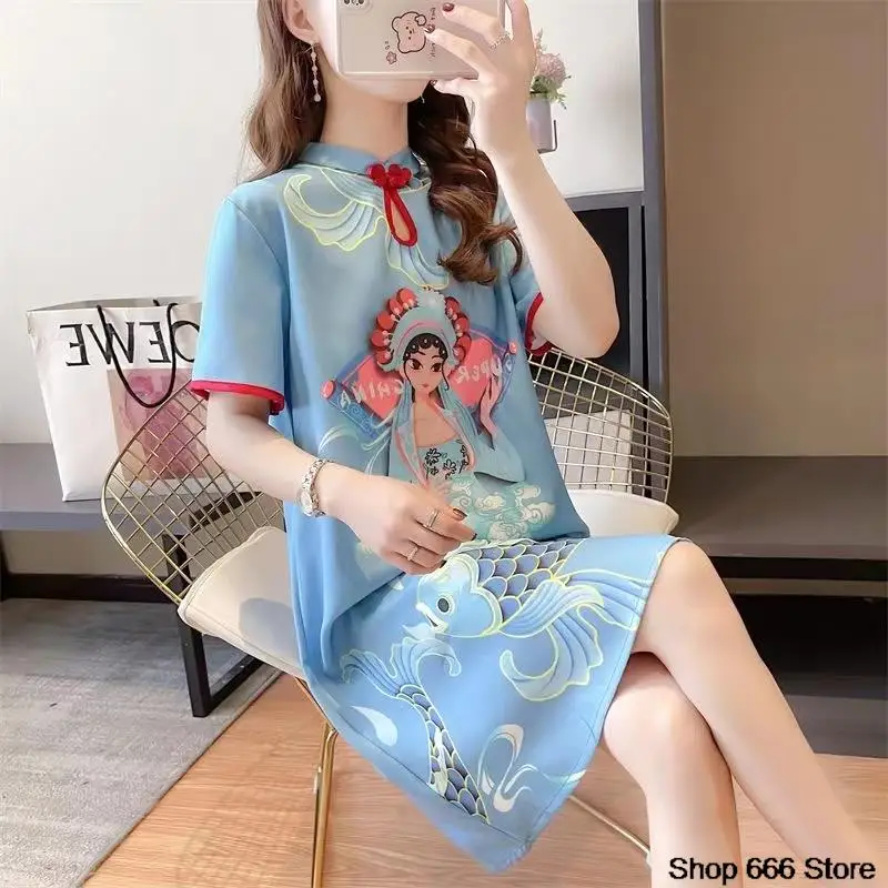 Summer Ethnic Chinese Style Loose Cheongsam Vintage Printed Women's Top T-shirt Lace Panel Short Sleeve Dress Young Style Qipao 