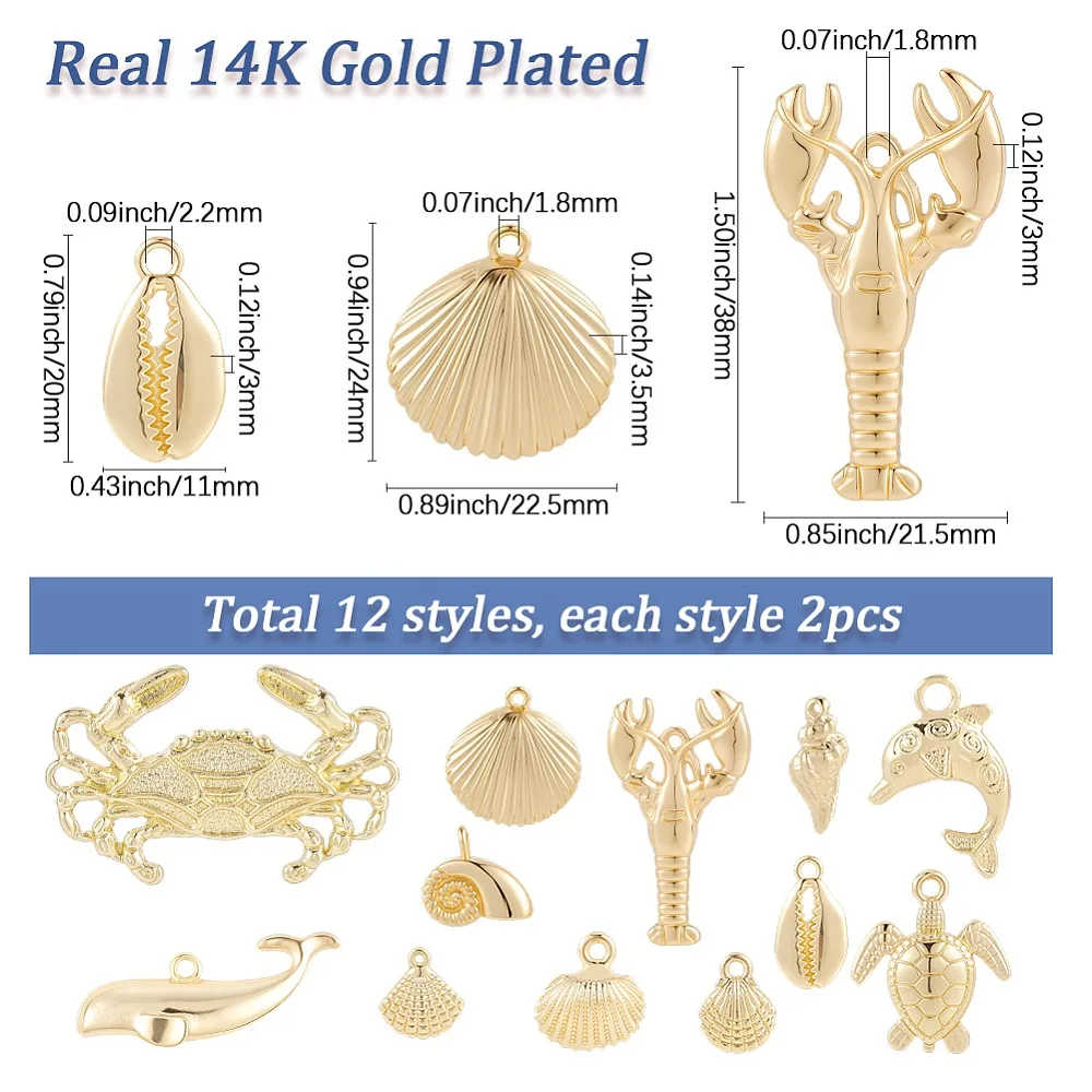 24Pcs 12 Styles Alloy Pendants Ocean Themed Lead Free Nickel Free Cadmium Free Mixed Shapes Real 14K Gold Plated