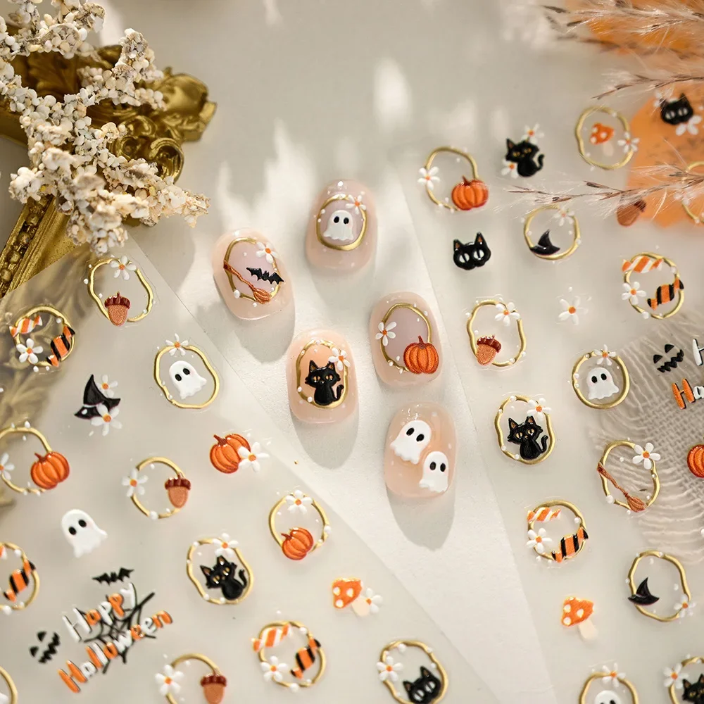5D Geprägte Halloween-Nagelaufkleber Selbstklebende Nagelsticker mit Geister-, Kürbis-, Katzen- und Pilzmotiven Goldrand Maniküre-Slider – Detail 6