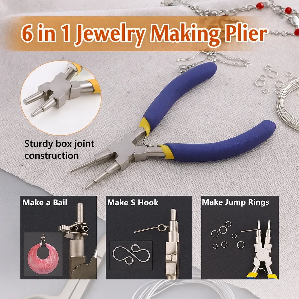 Multi-Function DIY Tool for Earring Hooks, Bracelet, Necklace Repair and Craft 6-in-1 Carbon Steel Round Nose Jewelry Pliers