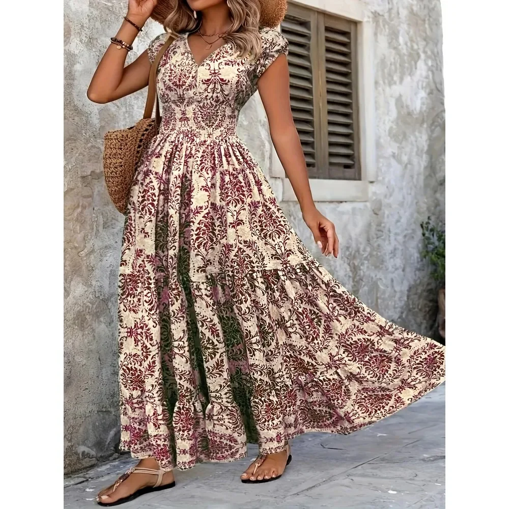 

Plus Size Women's Bohemian Floral Print V-Neck Short Sleeve Dress Oversized Ruffled Skirt Ladies Casual A-line Long Dresses