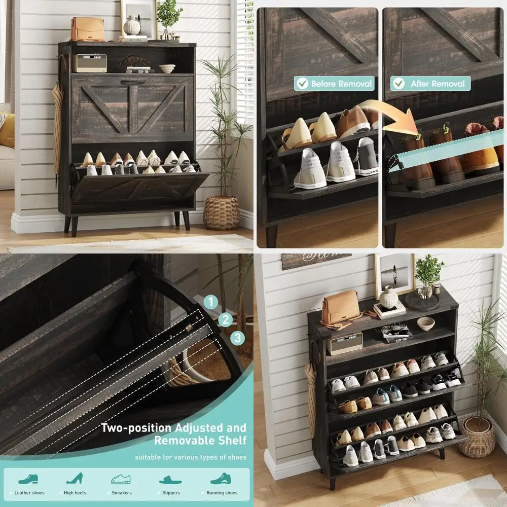 

Freestanding Narrow Shoe Organizer with Flip Drawers and Open Storage, Slim Shoe Rack Cabinet for Efficient Storage