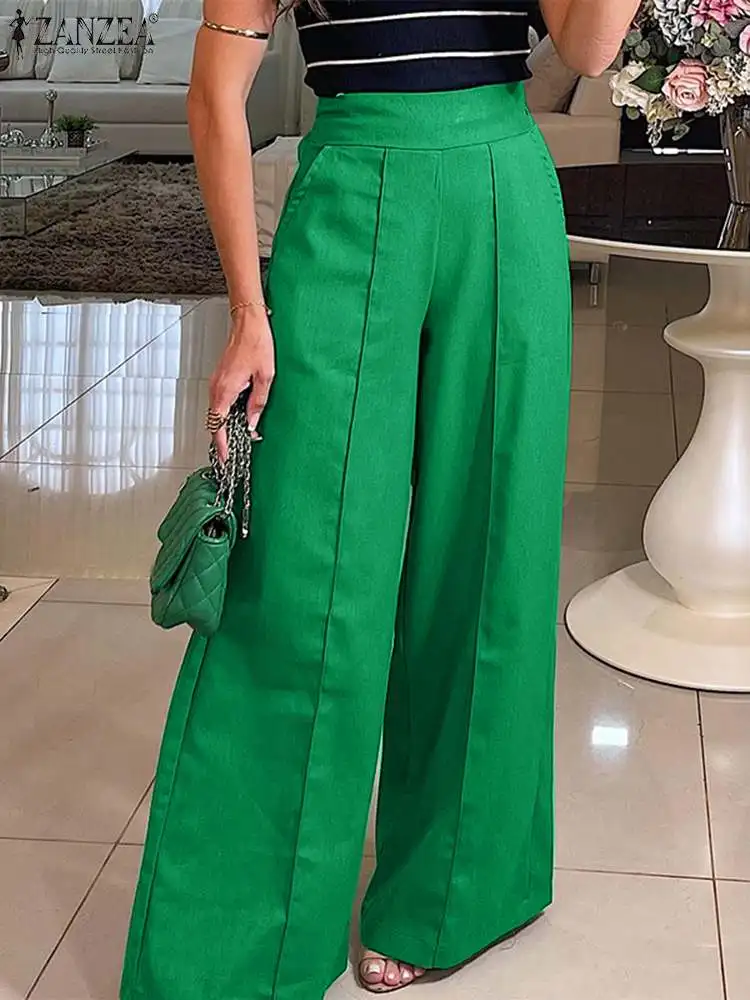 

ZANZEA Oversized High Waist Pantalon Palazzo 2024 Summer Wide Leg Pants Women Casual Loose Pants Capris Elegant OL Solid Trouser