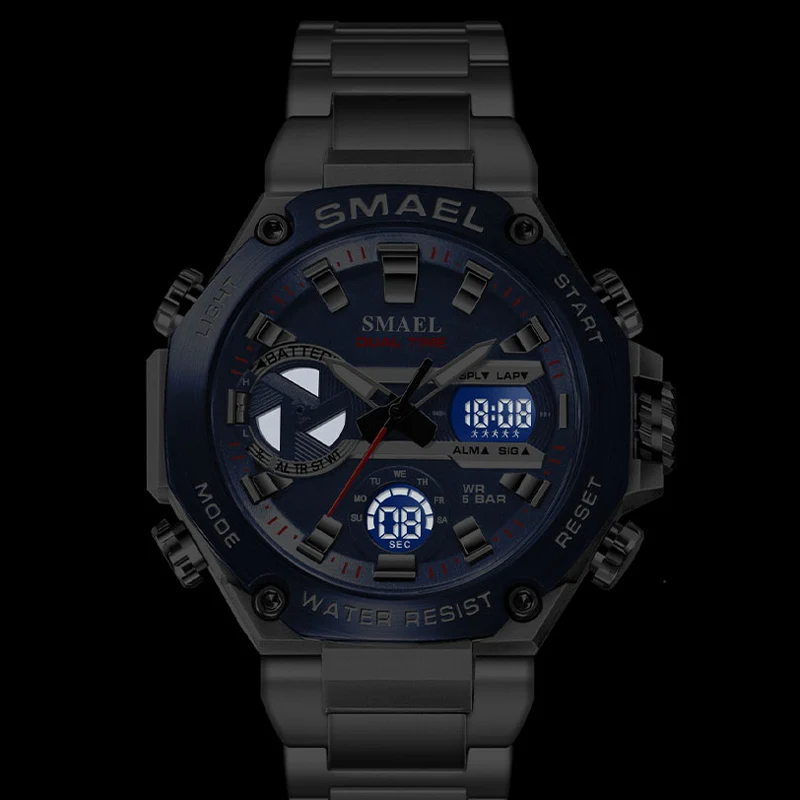 SMAEL مشاهدة الرجال العلامة التجارية الفاخرة الفضة الفولاذ المقاوم للصدأ الرياضة الذكور ساعة رقمية التناظرية الكوارتز العسكرية مقاوم للماء ساعات المعصم