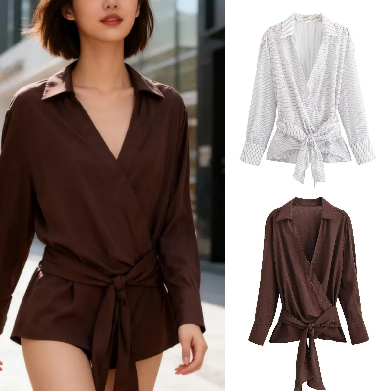 

2025 Fall/Winter New Fashion Elegant Party Dress with Adjustable Belt - Two-tone Stripe Waist Tie Shirt