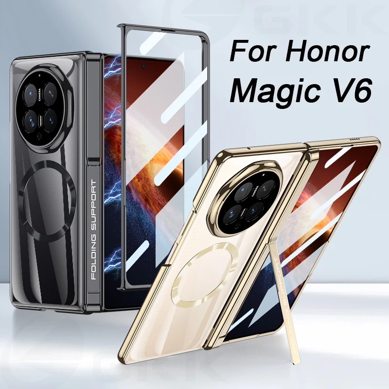 Magnetyczne etui z zawiasem i powłoką galwaniczną do Honor Magic V6, szkło ochronne na ekran, bezprzewodowe ładowanie, plastikowa przezroczysta obudowa do Magic V5.