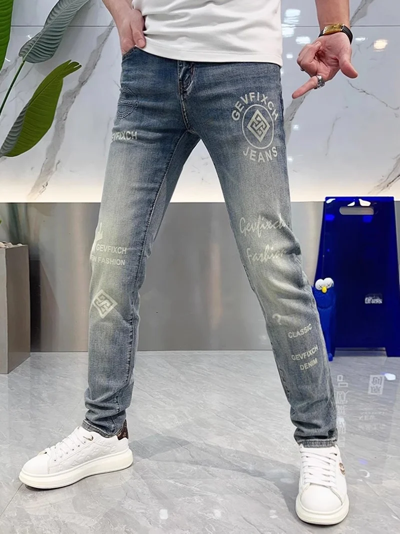 

Spring Summer Men's Slim Fit Jeans Light Wa Letter Print Casual Faion Urban Sle Breathable Comfortable Stretchy Denim P...