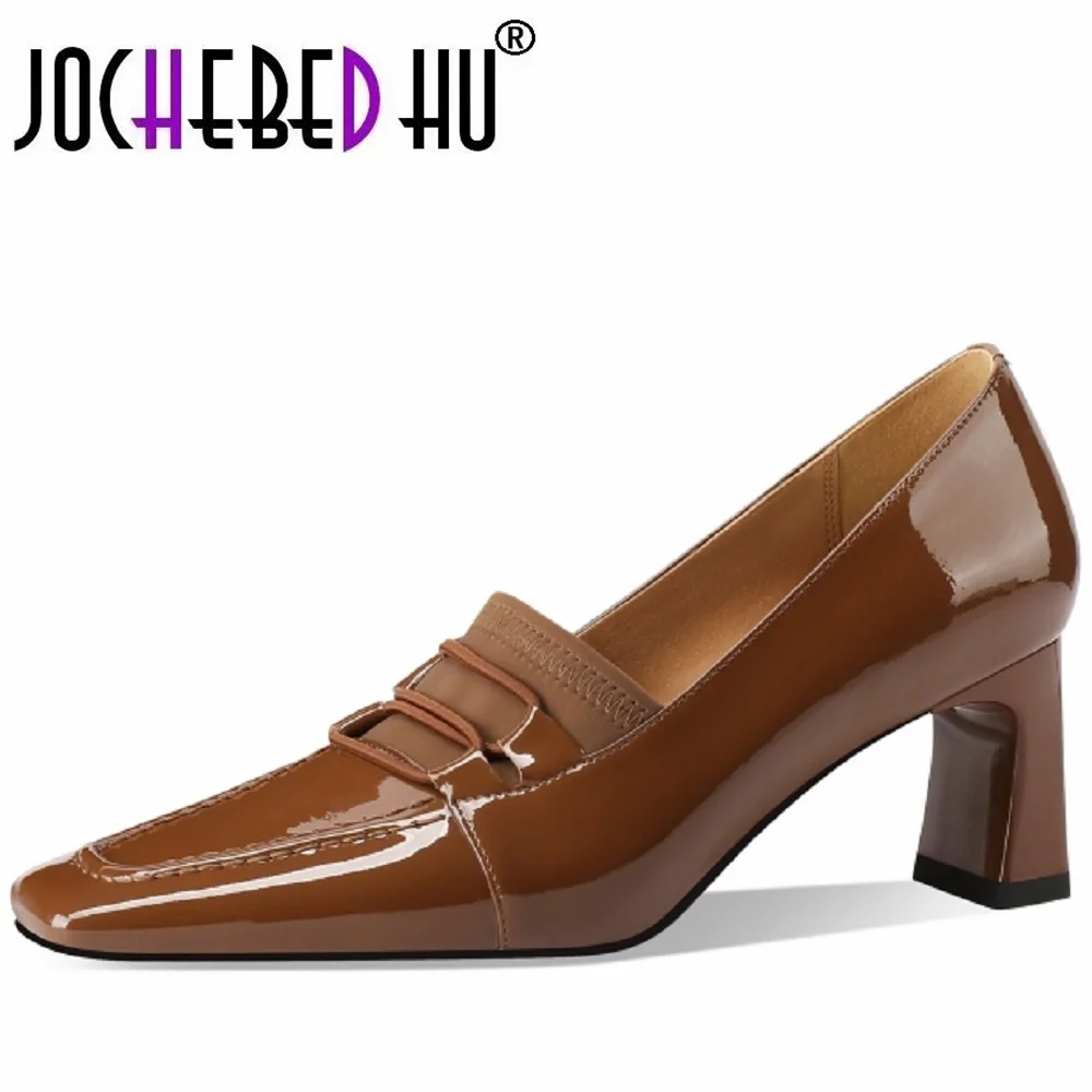 

【JOCHEBED HU】New Handmade Brand Genuine Leather High Heels Square Toe Thin Shoes Solid Offiice Lady Shoes Party Shoes 33-43