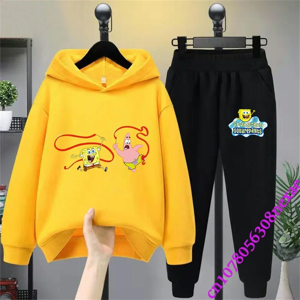 Spongebob Spring And Autumn Children's Clothing Boys And Girls Sweater Suit 2 Pieces Cartoon Print Sweater Sportswear Trousers