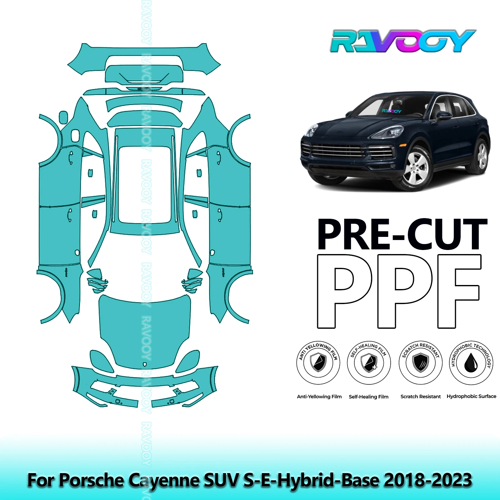 

Для Porsche Cayenne SUV S-E-Hybrid-Base 2018-2023 полный автомобильный прозрачный бюстгальтер 8,5 мил предварительно вырезанная защитная пленка для краски PPF