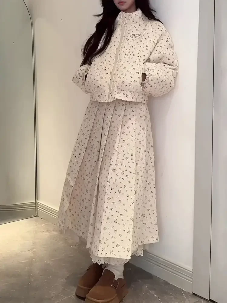 Korejepo Girl Gentle Cotton Suit Milk Sweet Floral High End Winter New Two Piece Coat Simple Skirt Age Reducing Beautiful Suits