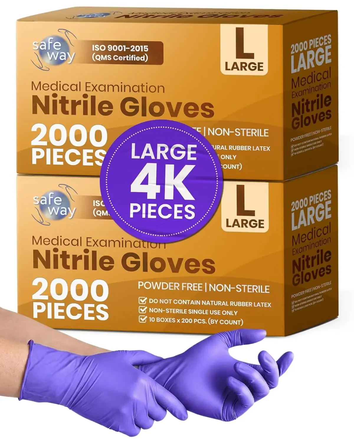 

Four Thousand Pieces Large Four Mil Nitrile Disposable Gloves Powder Free Non Latex Textured Fingertips For Medical Nursing Lab
