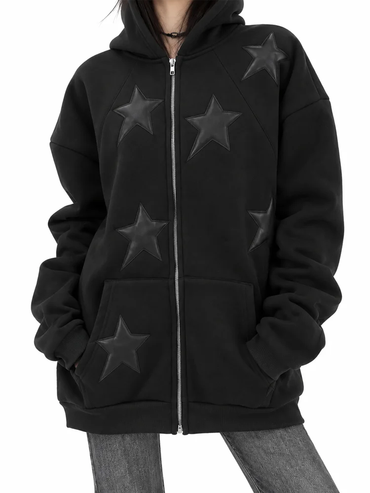 Y2K Black Zip Up Hoodie Women Oversized Leather Star Patch Applique Sweatshirt Streetwear Vintage Harajuku Graphic Jacket