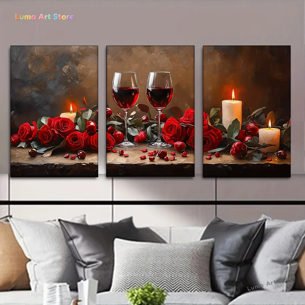 2D 3pcs/Set, Canvas Painting--Unframed, Red Wine Glass Red Rose Heart Candle, Artist Drawing Set, Living Room, Library, Offic