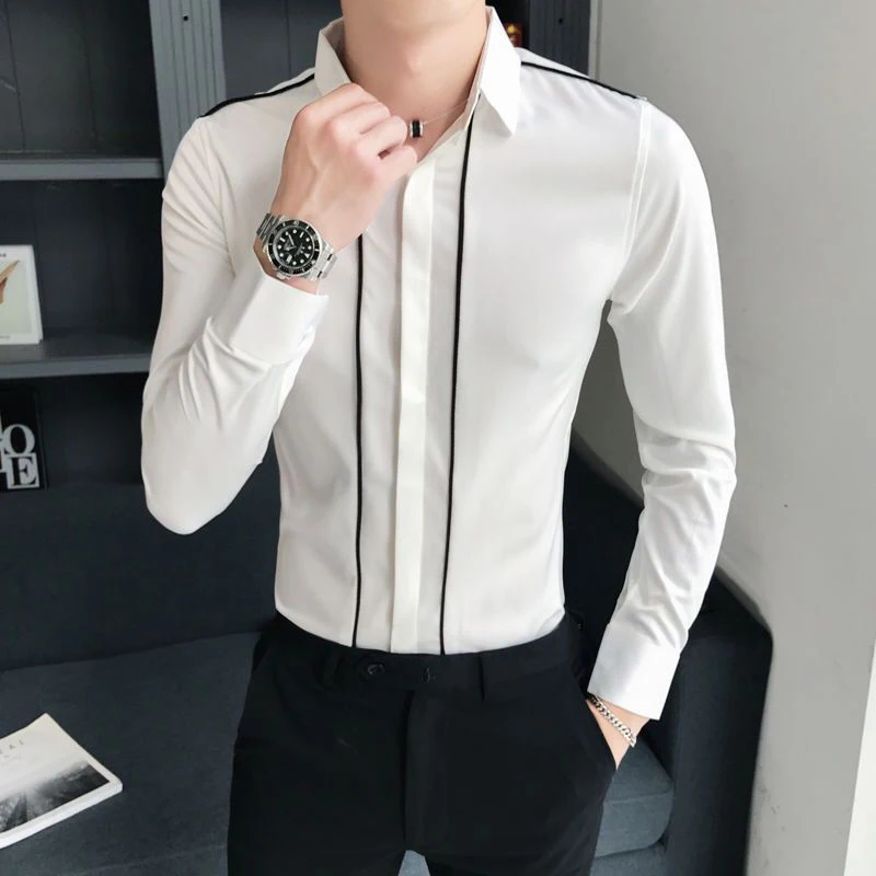 Spring Autumn Oversized Korean Fashion Patchwork Slim Shirt Homme Long Sleeve Casual All-match Bottomed Blouse Male Cardigan Top