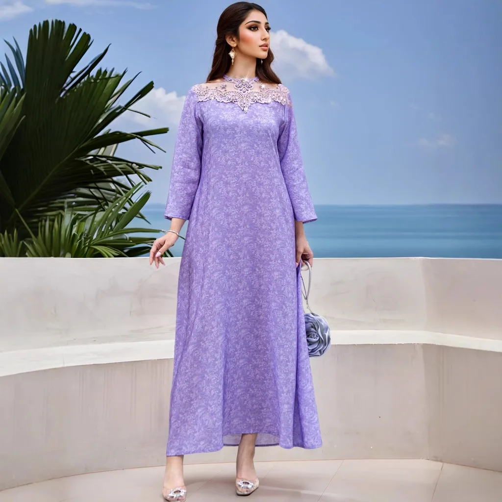 

Lavender purple splicing neckline lace embroidery glass diamond printing robe fashion temperament slim and thin elegant clothing