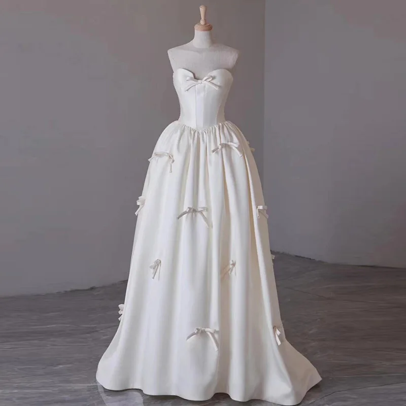 

French Satin Light Wedding Dress Spring New Style Strapless Super Fairy Welcome Travel Photo Bow Dress For Women Customized