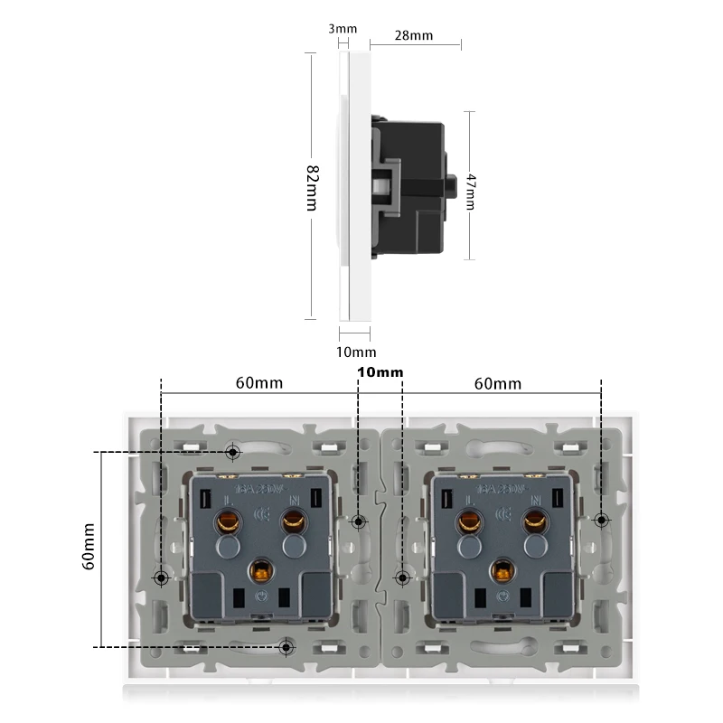 Novski European standard French power socket 2/3/4/5 group outlet glass panel 16A white gray black