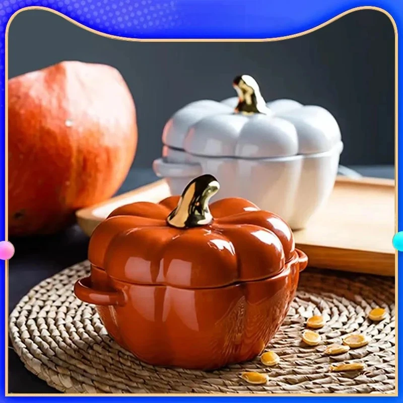 

YWDL Pumpkin Ceramic Bowl With Lid Microwave Bakeware Oven Baking Kitchen Halloween Party Festival Decoration ramen Cereal Bowl