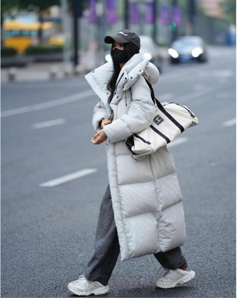 INS Women Long Quilted Coat Hooded Maxi Length Long Sleeve Puffer Jacket Padded Coat Winter Outerwear Warm Padded Thicken Coat