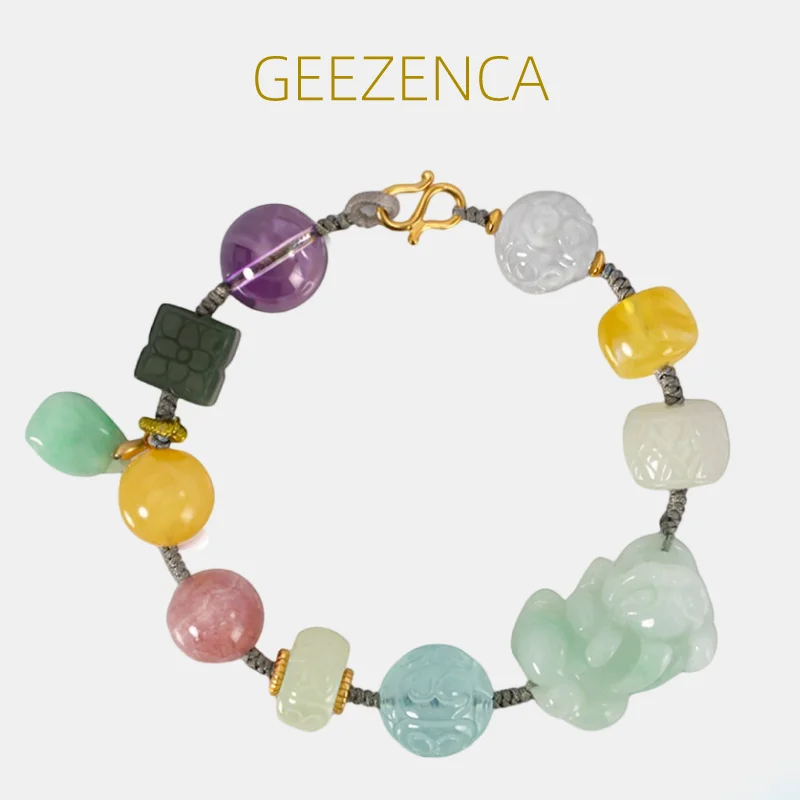 

GEEZENCA Natural Jade Jasper Amethyst Amber Multi Stone Bracelet For Women Vintage Handmade Woven Rope Charms Bracelets 2023 New