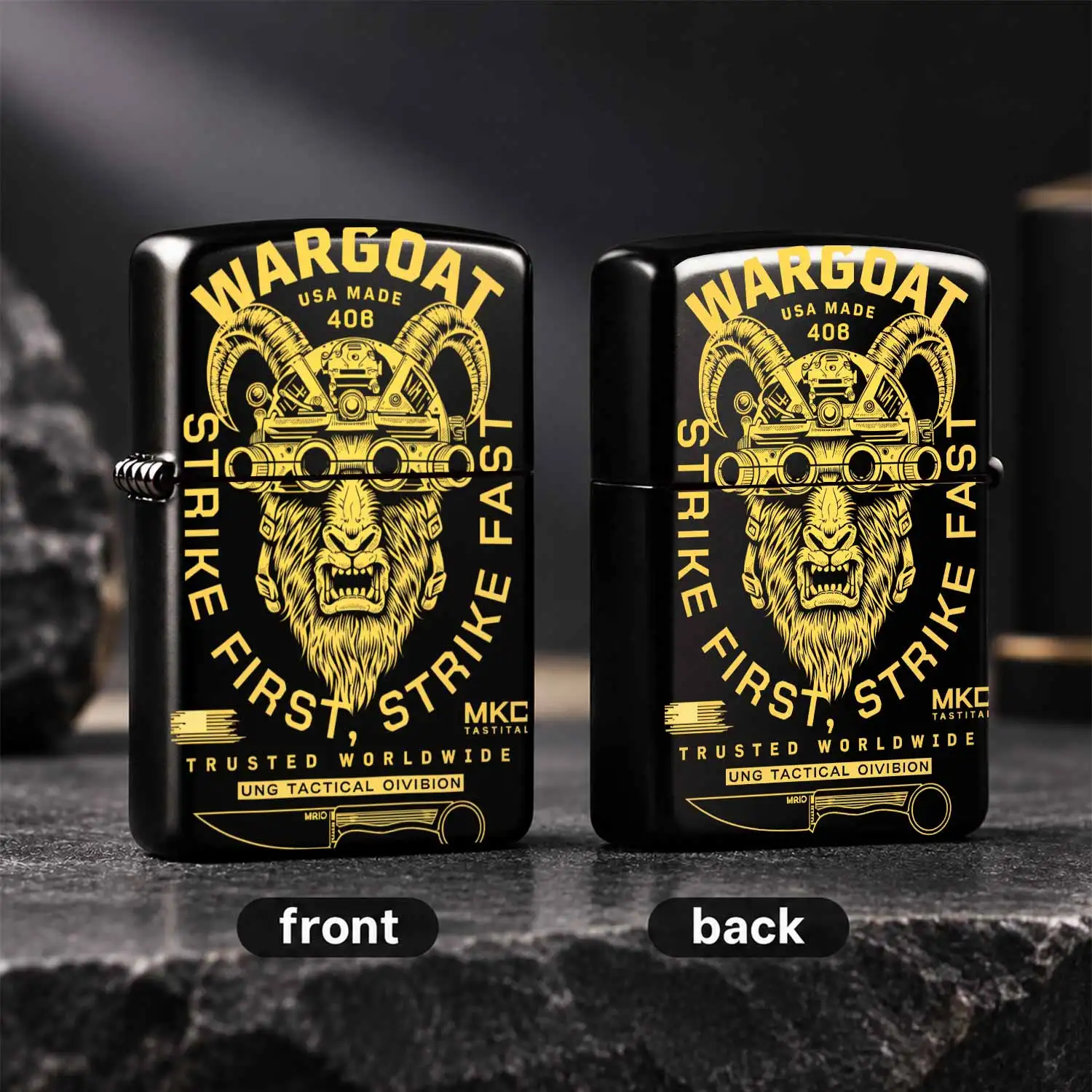 Wargoat Themed Portable Lighter, Usa Made Tactial Stylish Print Design, Multipurpose Use For Daily Outdoor Camping Hiking, Exquisite Unique Gift For Men, Strike First Strike Fast Pattern Decorative Lightweight Carry Acc A Humorous And Inter