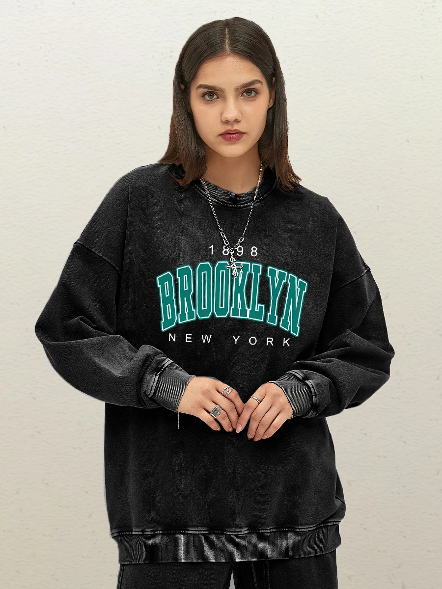 Brooklyn Green Letter Printed Female Washed Cotton Streetwear Harajuku Warm Pullovers Autumn Oversize Clothing Couple Casual Top