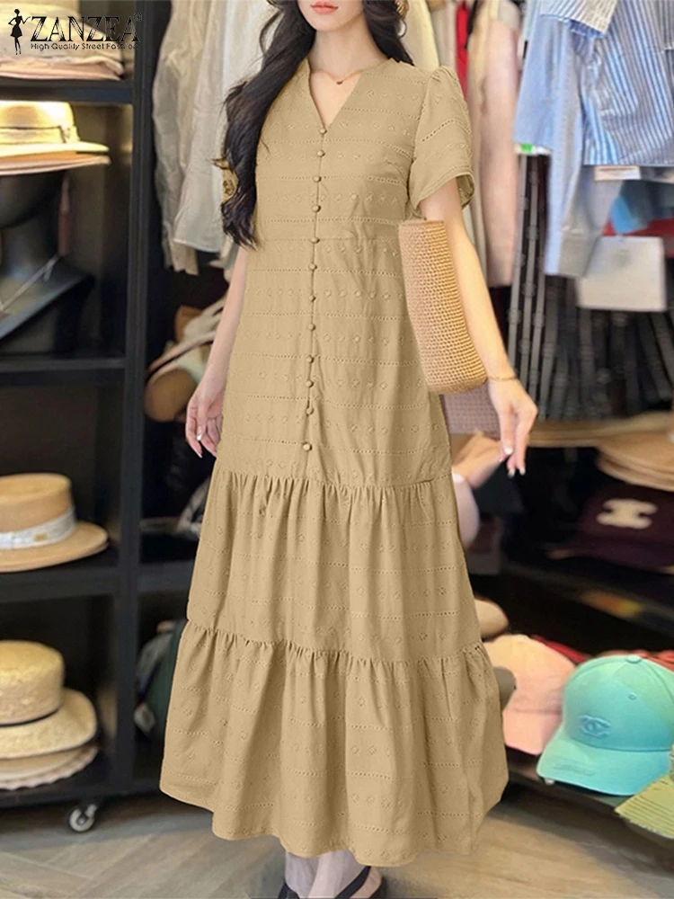 ZANZEA Summer Cotton Long Dress Women Fashion Lace Sundress 2025 V-Neck Elegant Casual Solid Short Sleeve Ruffled Maxi Vestidos
