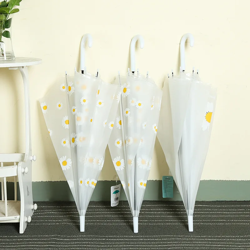 Transparent Daisy Long Handle Umbrella Super Light Flower Printing Umbrella 8 Bone Semi-Automatic Umbrellas for Women Kids