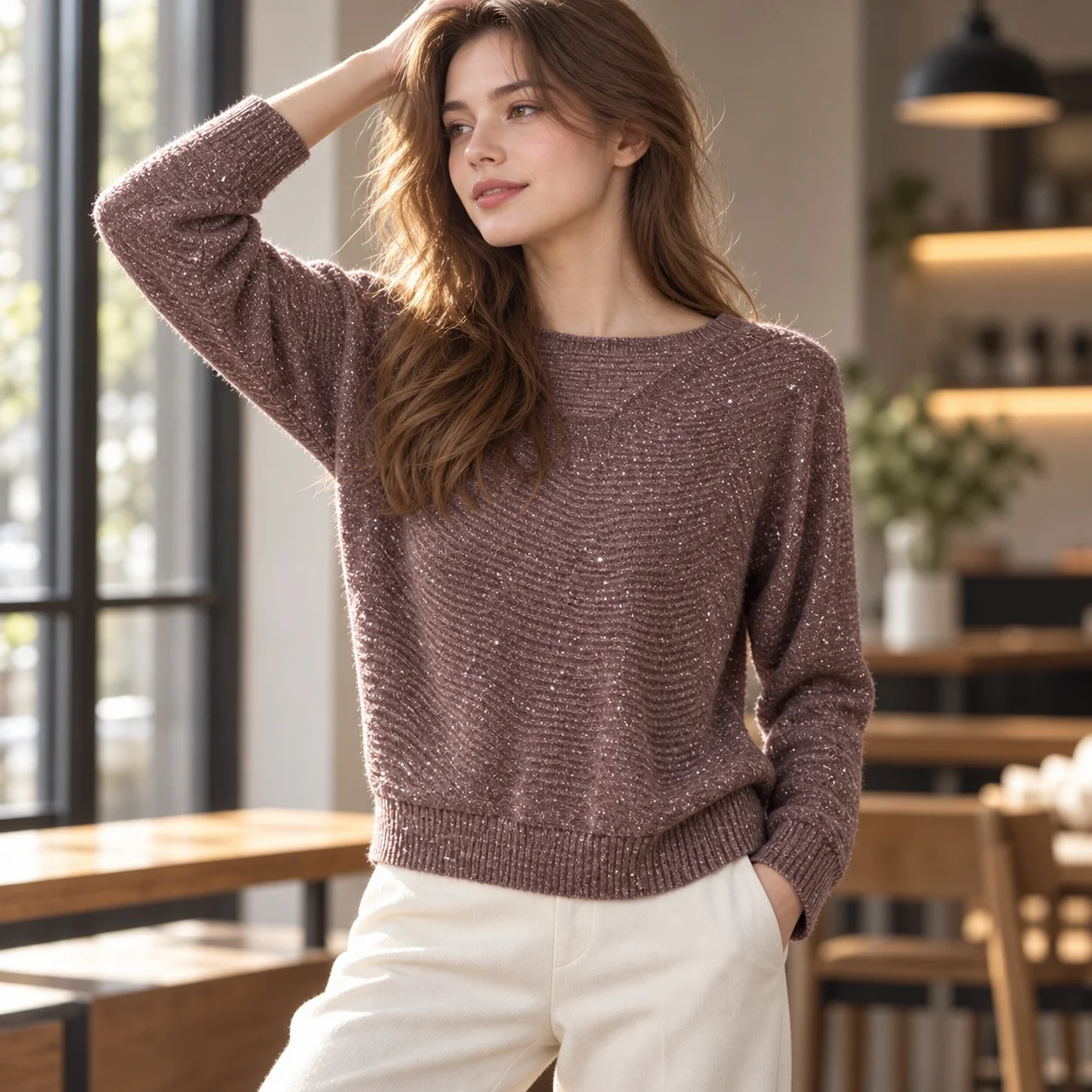 Casual Long Sleeve Sweater Regular Fit with Crew Neck Metallic Thread 3D Effect Pattern Elegant Commuting Daily Women Sweater