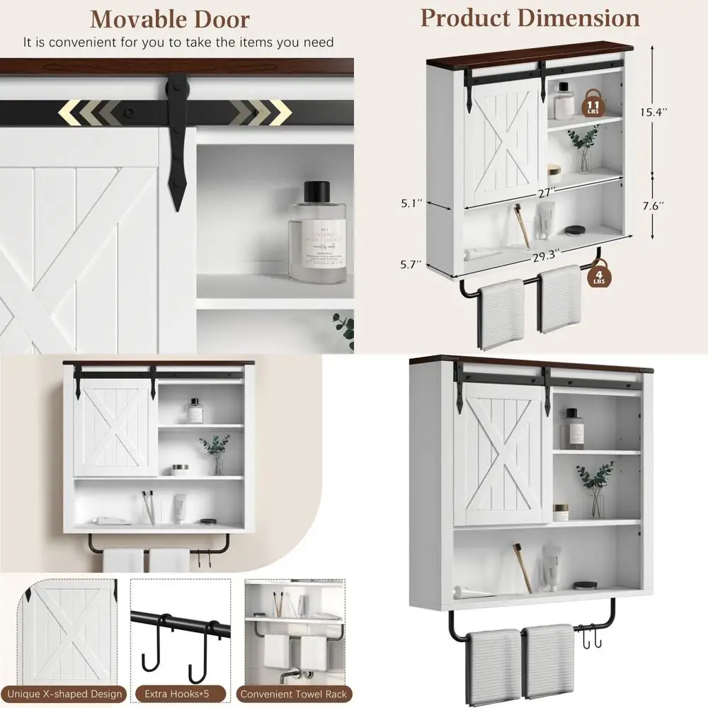 

White Sliding Barn Door Wall-Mounted Medicine Cabinet with Adjustable Shelf and Towel Bar for Bathroom