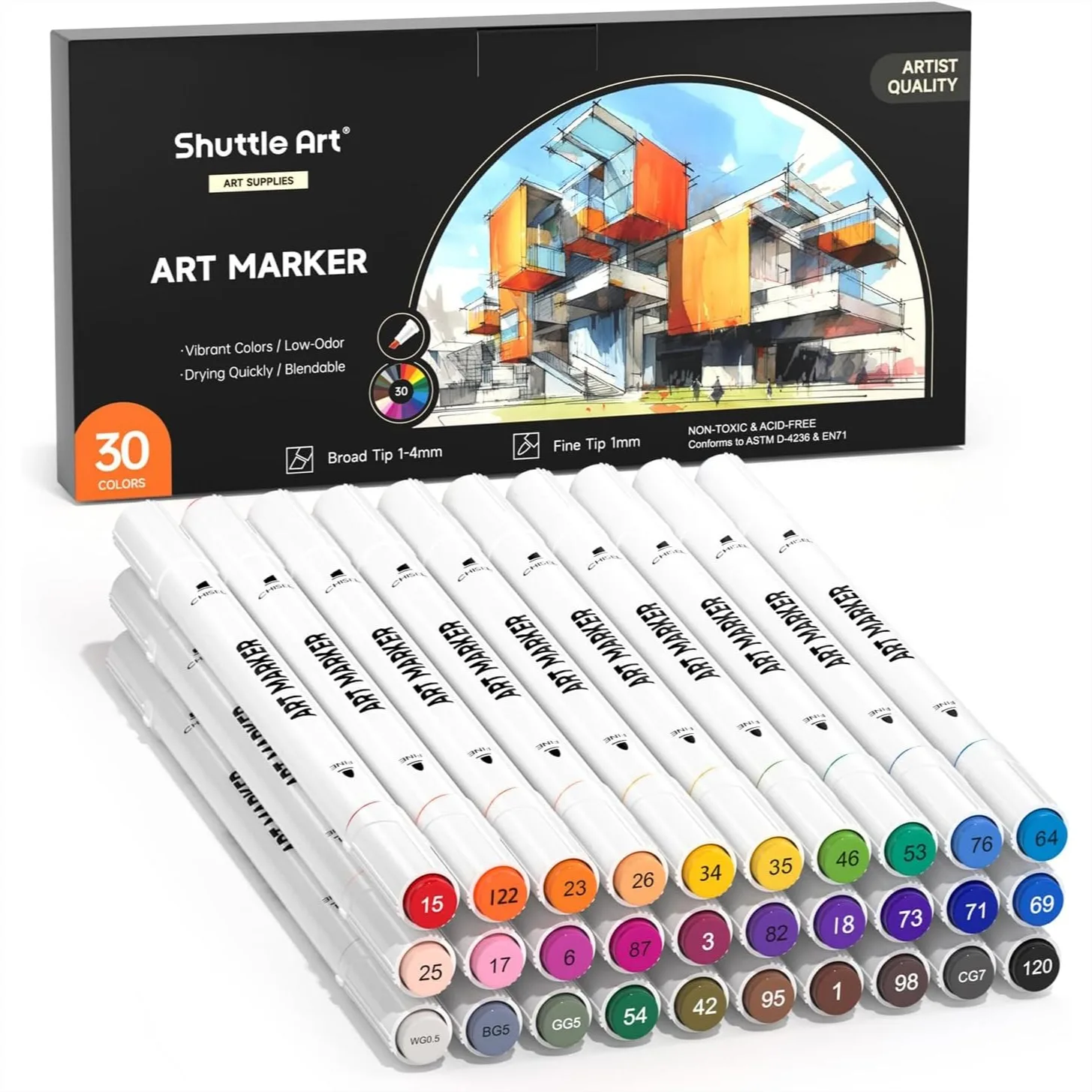

30 Colors Dual Tip Art Markers Permanent Marker Pens for Adult Coloring Sketching Illustration and Card Making with Fine and
