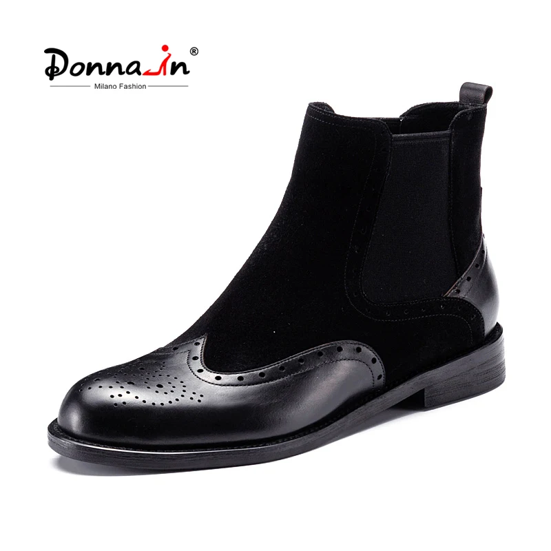 Donna-in Autumn New Classic Black Chelsea Boots for Women Genuine Leather Low Heel Slip-on Carved Retro Ladies Ankle Boots