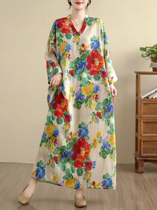 plus Size Cotton Linen V-Ne Travel Casual Long Dr Meat Concealing Vintage Sle Holiday Wind New Model Full Coverage Gown