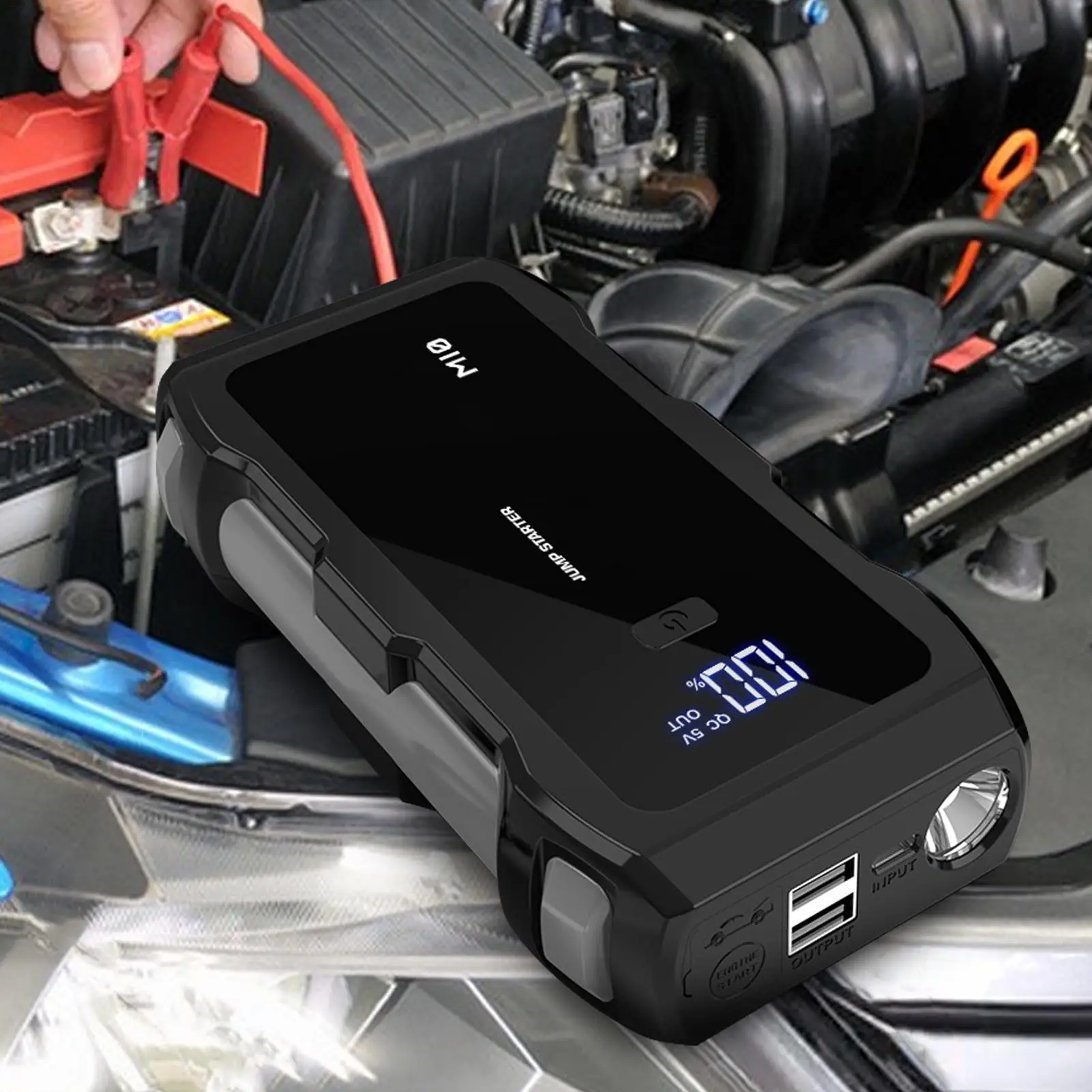 Car Battery Jumper Starter with Flashlight and Jumper Cables Fast Charging Car Battery Booster Pack for Motorcycles Boats